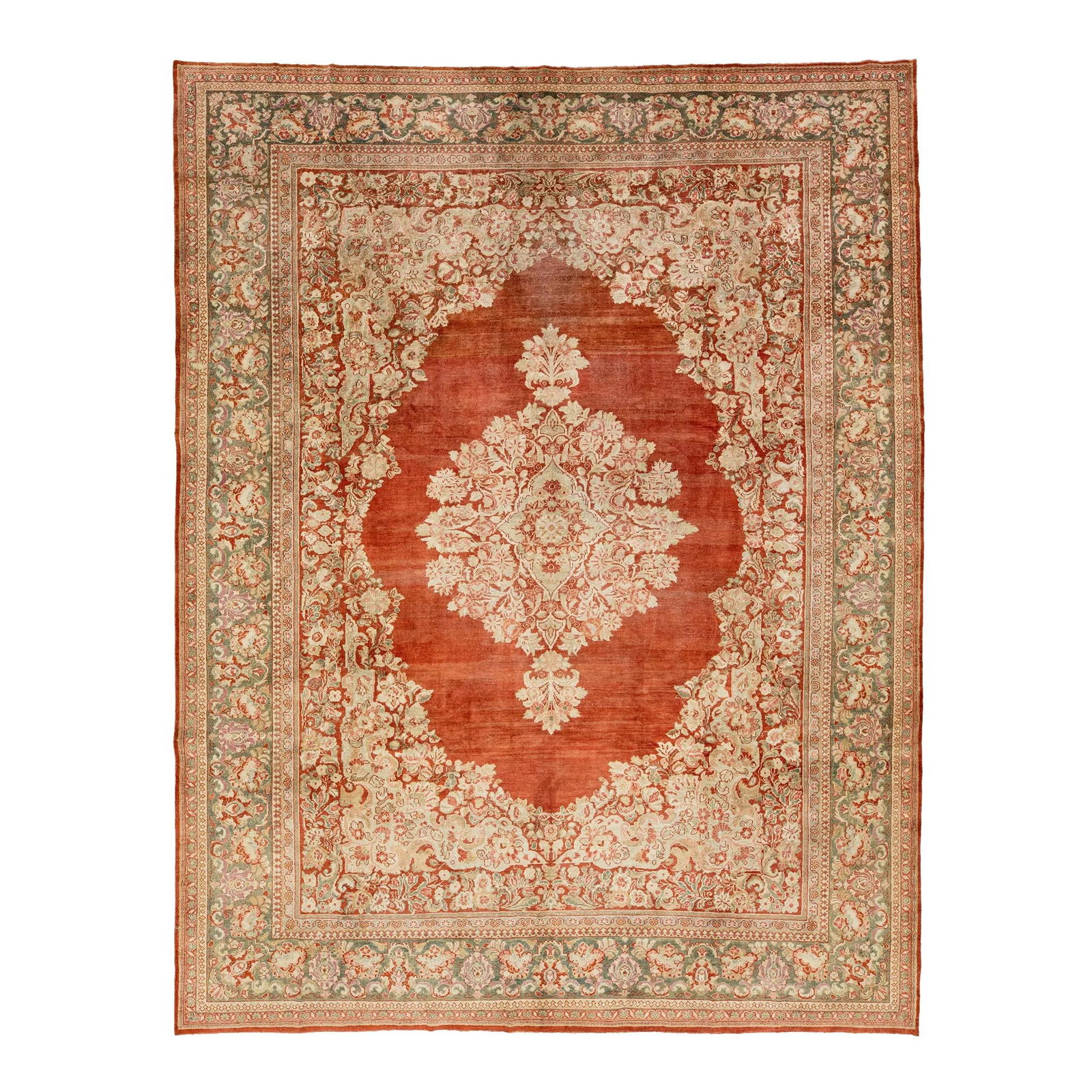 Rust Floral Medallion Vintage 1940s Persian Mahal Wool Rug 10'4 x 13'3: Rust Floral Medallion Vintage 1940s Persian Mahal Wool Rug 10'4 x 13'3 This exquisite vintage Mahal hand-knotted wool rug showcases a stunning rust color field adorned with a floral medallion motif fe