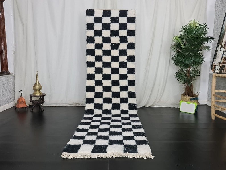 Handmade Black and White Moroccan Berber Chess Runner Rug 2 x 10 Feet: Handmade Black and White Moroccan Berber Chess Runner Rug 2 x 10 Feet This exquisite handmade Black and White Moroccan Berber Chess Runner Rug is a stunning addition to any space. Skillfully handwoven