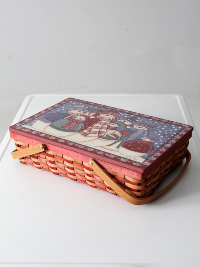 Vintage Mindy Cain Snowman Holiday Basket 17 x 12 x 4.5: Vintage Mindy Cain Snowman Holiday Basket 17 x 12 x 4.5 Celebrate the holiday season with this charming vintage basket featuring Mindy Cain's beloved snowman design. This woven wood basket showcases a