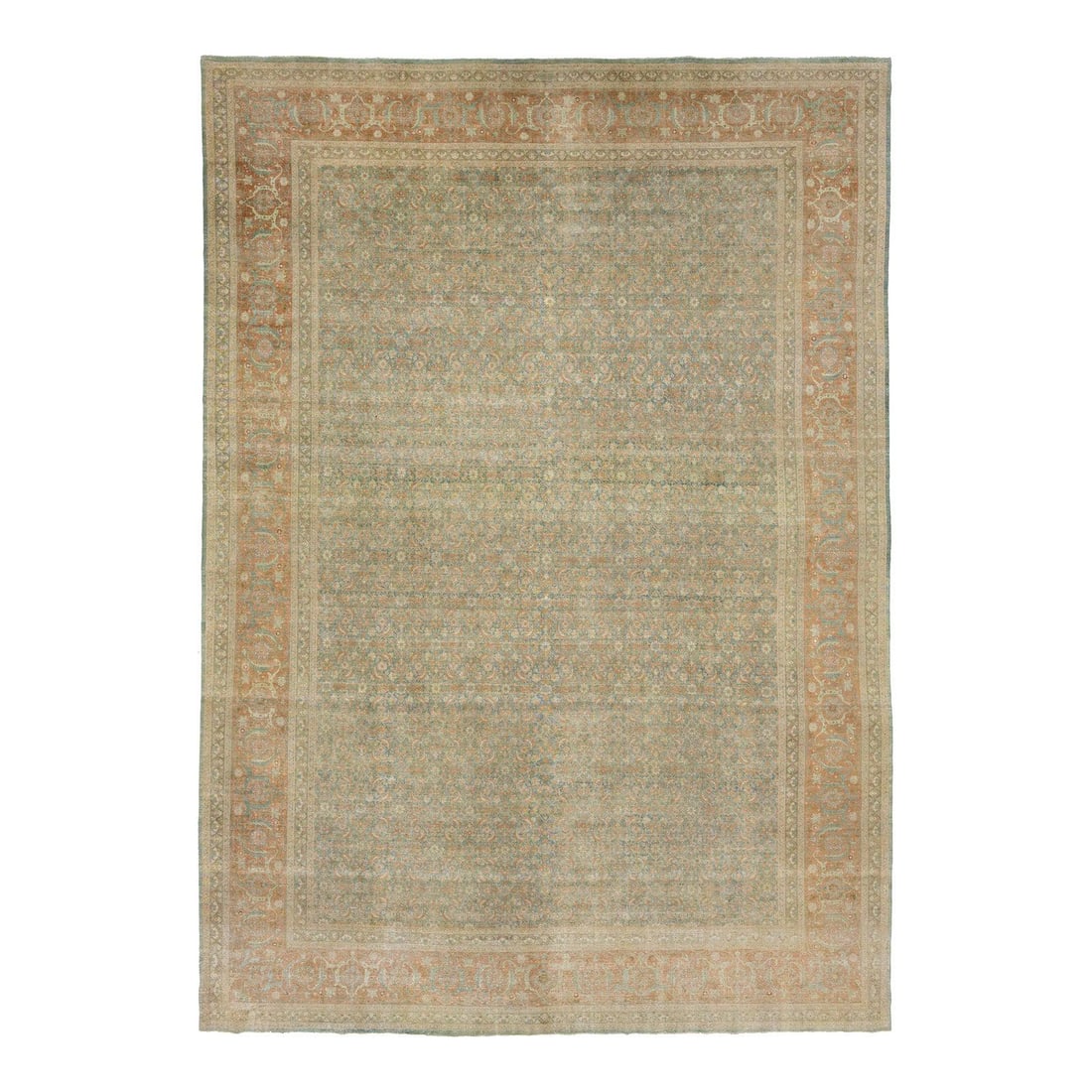 Antique Persian Tabriz Wool Rug 11' x 15'9" Handmade Blue 1900s: Antique Persian Tabriz Wool Rug 11' x 15'9" Handmade Blue 1900s This exquisite early 1900s Persian Tabriz rug showcases a captivating blend of soft walnut, sand, faded terracotta, and slate blue. Hand