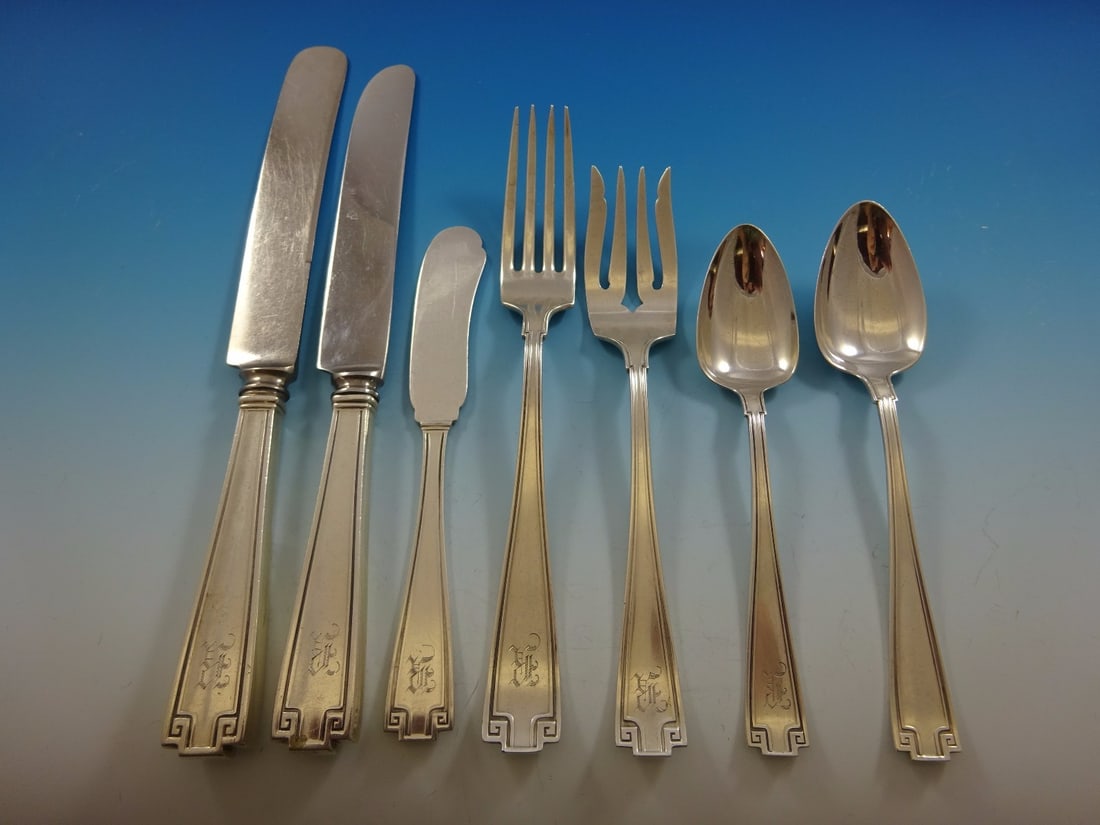 Gorham Etruscan Sterling Silver Flatware Set for 12 79 Pieces with Storage Chest: Gorham Etruscan Sterling Silver Flatware Set for 12 79 Pieces with Storage Chest Presenting a stunning Etruscan flatware set by Gorham, crafted from high-quality sterling silver. This vintage collecti