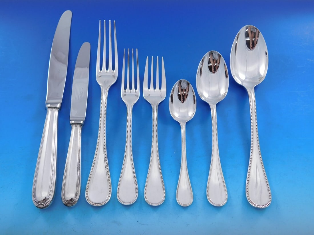 Christofle Perles Silverplate Flatware Set 98 pcs Louis XVI Style: Christofle Perles Silverplate Flatware Set 98 pcs Louis XVI Style Discover the exquisite Perles flatware service by Christofle, a stunning silverplated set that embodies the elegance of the Louis XVI