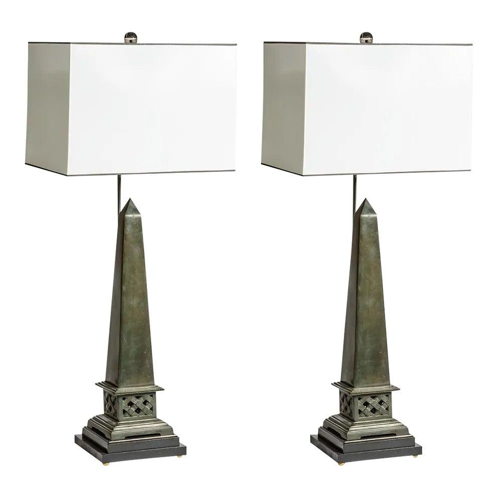 Pair of Vintage Empire Style Bronze Obelisks Table Lamps: Pair of Vintage Empire Style Bronze Obelisks Table Lamps Illuminate your space with this exquisite pair of vintage Empire Style obelisk table lamps, expertly crafted from bronze and mounted on wooden