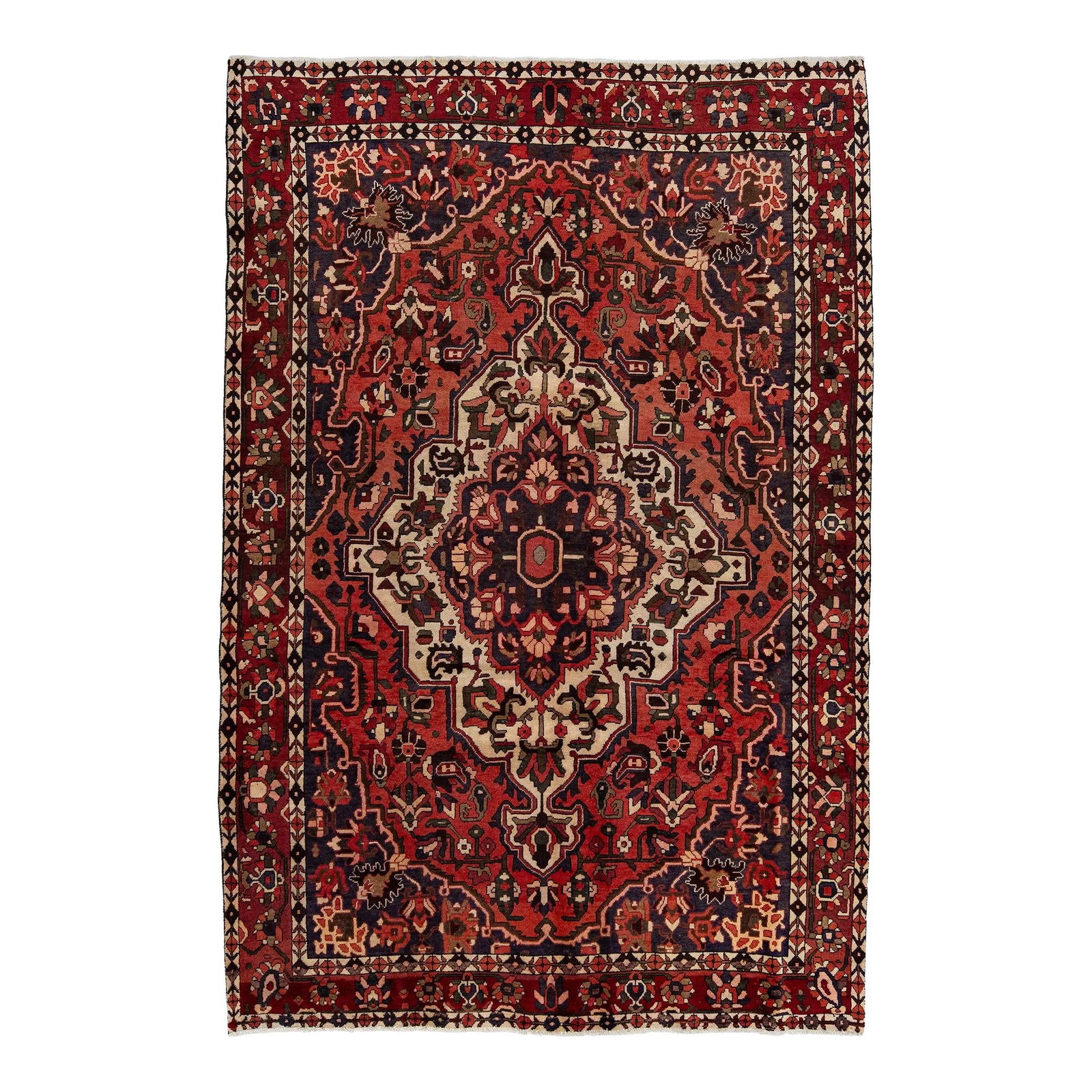 Vintage 1960s Persian Bakhtiari Wool Rug Red Multicolor Design 6'9 x 10'1: Vintage 1960s Persian Bakhtiari Wool Rug Red Multicolor Design 6'9 x 10'1 Enhance your space with this stunning Vintage Bakhtiari rug from the 1960s, featuring a vibrant red field adorned with a capti