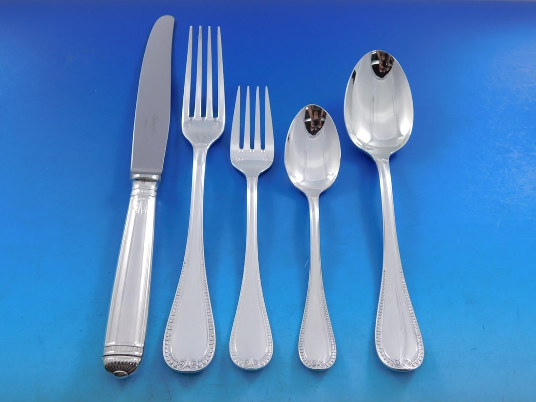 Malmaison Silverplate 61-Piece Flatware Set for 12 by Christofle France: Malmaison Silverplate 61-Piece Flatware Set for 12 by Christofle France This Malmaison by Christofle flatware set features the iconic Empire style motifs of palmettes and lotus leaves, crafted in silv
