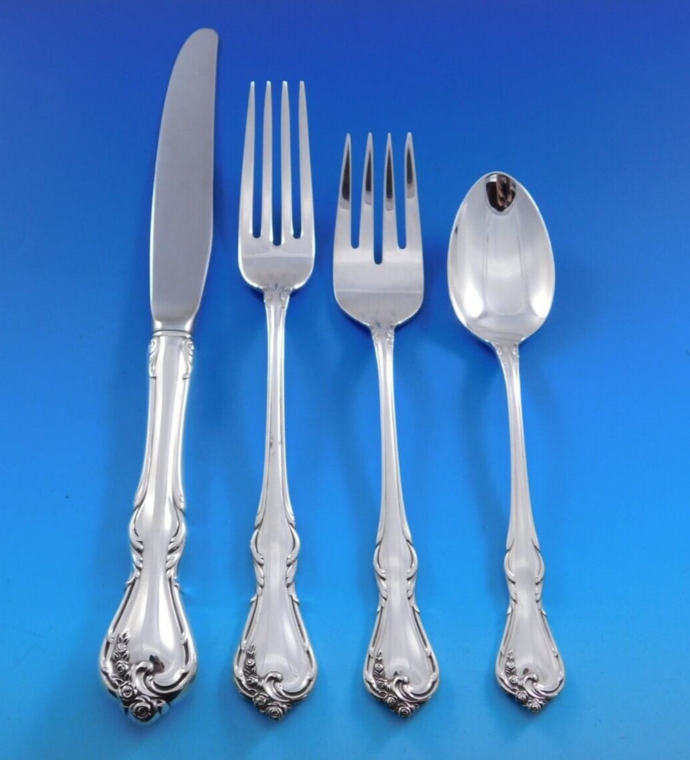 Reed & Barton Rose Cascade Sterling Silver Flatware Set for 12 - 59 Pieces with Storage Chest: Reed & Barton Rose Cascade Sterling Silver Flatware Set for 12 - 59 Pieces with Storage Chest Elevate your dining experience with this exquisite Rose Cascade flatware set by Reed & Barton, crafted fro