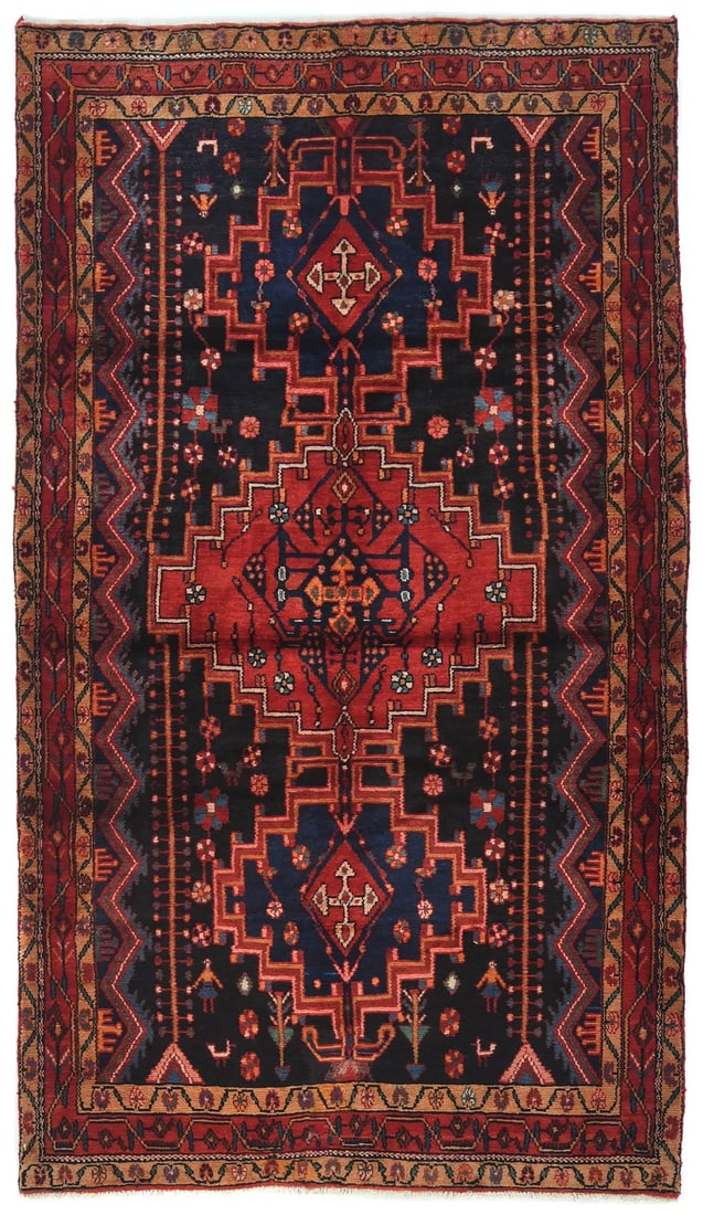 5x8 Vintage Tribal Hand-Knotted Wool Rug Eco Friendly One-of-a-Kind: 5x8 Vintage Tribal Hand-Knotted Wool Rug Eco Friendly One-of-a-Kind Enhance your living space with this striking vintage tribal pictorial rug, a true work of art hand-knotted from wool. Measuring 4'11