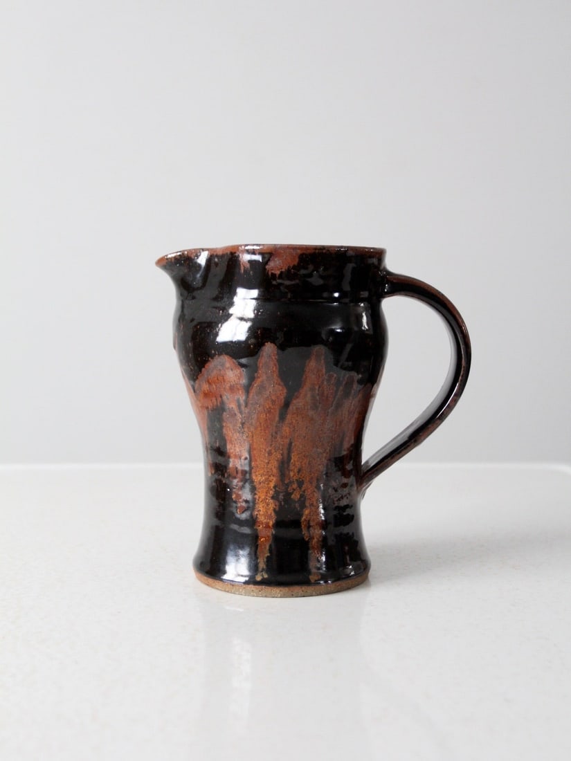 Artist Signed Vintage Studio Pottery Pitcher with Dark Glaze (1 of 12)