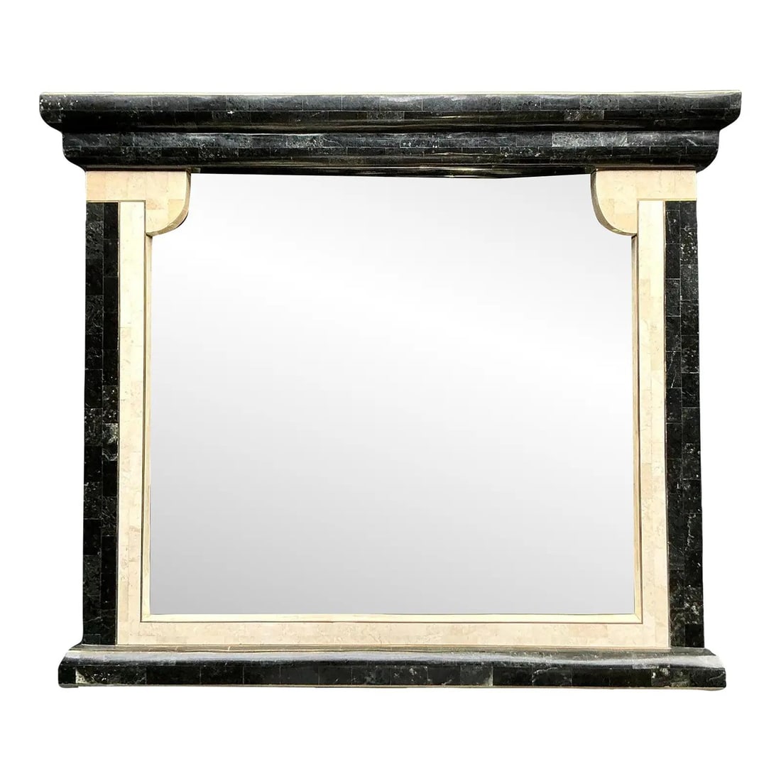 Vintage Art Deco Black Lacquered Column Mirror with Shelf: Vintage Art Deco Black Lacquered Column Mirror with Shelf This vintage Boho tessellated stone column mirror is a striking blend of Art Deco and Mid-Century Modern design, showcasing geometric contrast