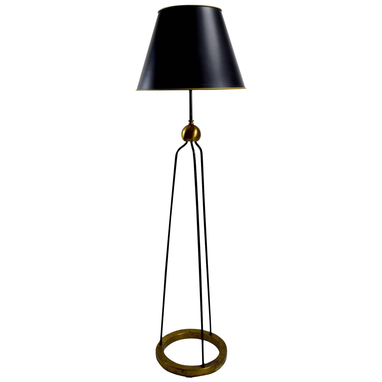 Mid-Century Gerald Thurston Floor Lamp for Lightolier Brass Iron: Mid-Century Gerald Thurston Floor Lamp for Lightolier Brass Iron This stunning Mid-Century floor lamp features a sleek design by Gerald Thurston for Lightolier. Crafted from brass and wrought iron, it