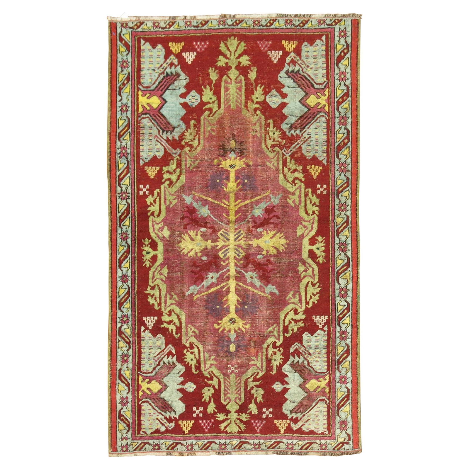 Cranberry 19th Century Hand-Woven Turkish Ghiordes Rug: Cranberry 19th Century Hand-Woven Turkish Ghiordes Rug Discover a unique piece of history with this 19th Century Antique Turkish Ghiordes Rug. Hand-woven from high-quality wool, this scatter-sized rug