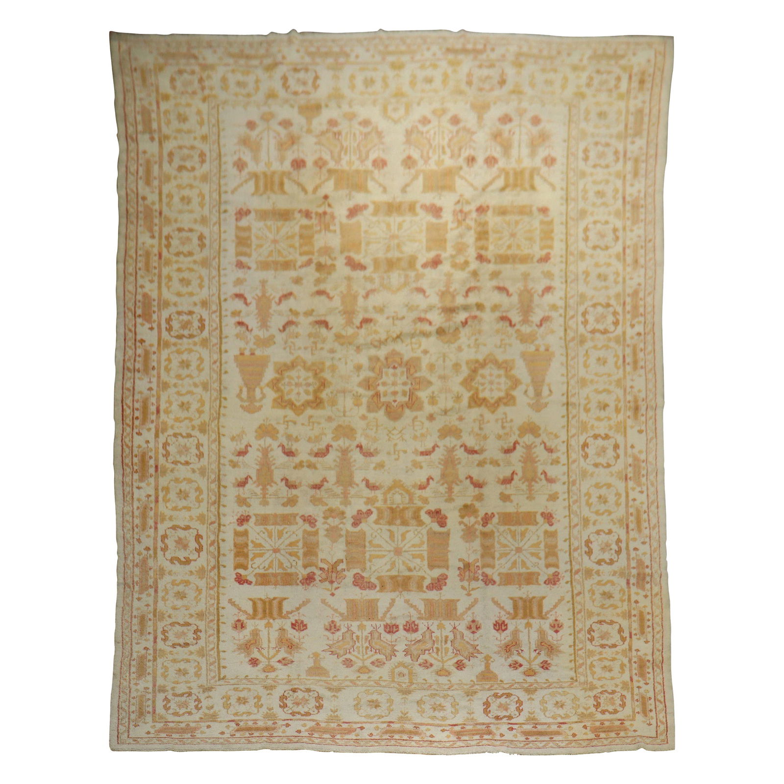 Ivory Antique Oushak Rug Early 20th Century Hand-Knotted Wool: Ivory Antique Oushak Rug Early 20th Century Hand-Knotted Wool Discover the elegance of this early 20th-century Turkish Oushak rug, featuring a stunning pictorial bird design complemented by small palm