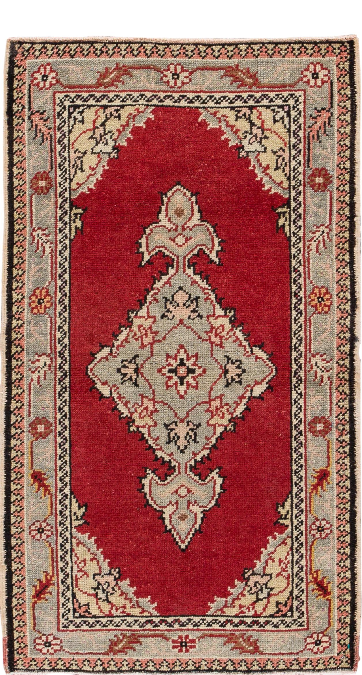 Red Vintage Oushak Handmade Wool Runner Rug 2'7 x 8'2: Red Vintage Oushak Handmade Wool Runner Rug 2'7 x 8'2 This stunning vintage Oushak wool runner showcases a vibrant red field adorned with intricate brown and green accents, featuring an all-over geome