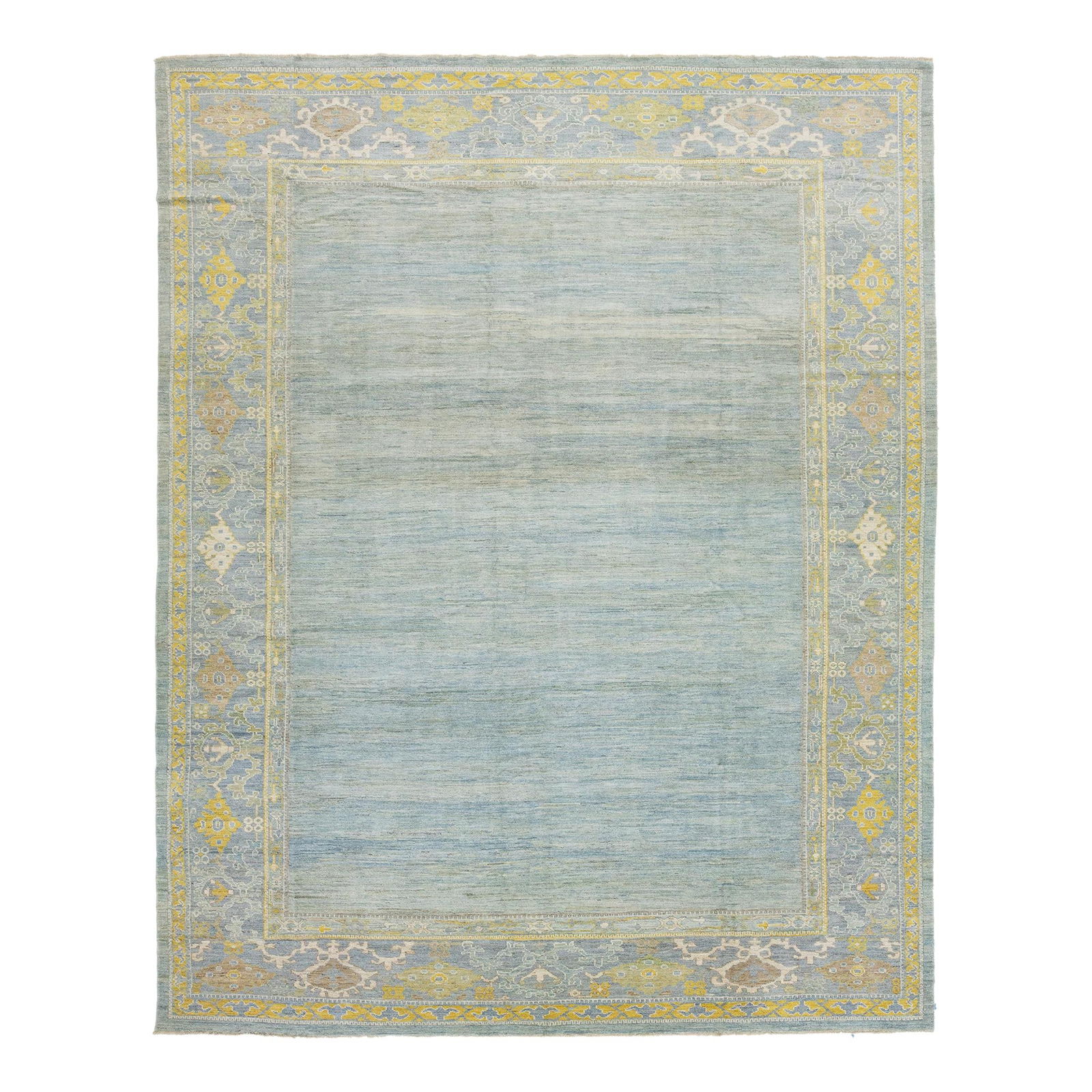 Hand-Knotted Wool Rug 11'11 x 15' Blue Modern Design: Hand-Knotted Wool Rug 11'11 x 15' Blue Modern Design Elevate your space with this exquisite hand-knotted wool rug, showcasing a serene light blue background complemented by vibrant yellow and beige ac