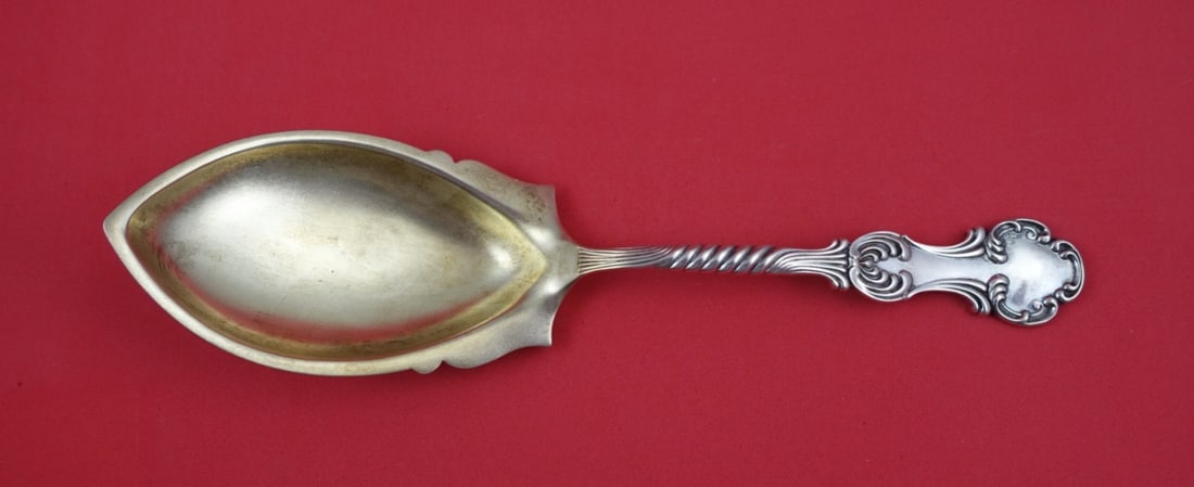 Sterling Silver Gold Washed Pudding Spoon Louvre Pattern by Shiebler 9.5 Inch: Sterling Silver Gold Washed Pudding Spoon Louvre Pattern by Shiebler 9.5 Inch This is a Shiebler sterling silver pudding spoon in the Louvre pattern, featuring a gold-washed bowl. The spoon measures 9