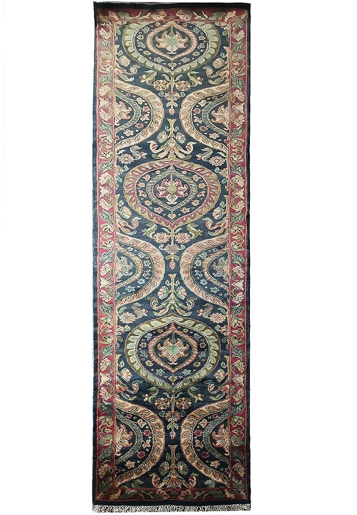 Elegant 2.8 x 12.6 Green Hand-Knotted Jaipur Runner Wool Area Rug: Elegant 2.8 x 12.6 Green Hand-Knotted Jaipur Runner Wool Area Rug Free continental US Shipping Transform your space with this exquisite 2.8 x 12.6 Green Hand-Knotted Jaipur Runner, meticulously crafte
