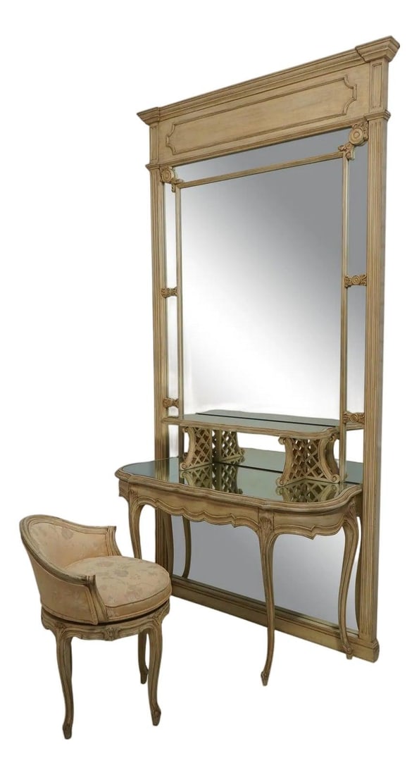 Vintage French Style Dressing Vanity with Large Mirror and Stool (1 of 10)
