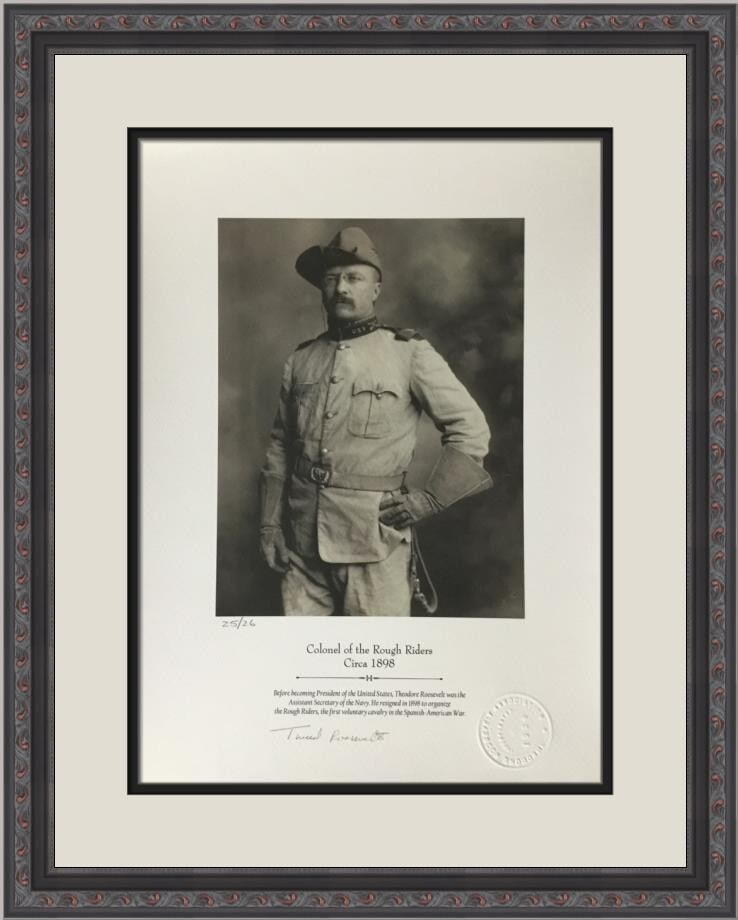 Theodore Roosevelt Limited Edition Giclee Signed by Tweed Roosevelt Framed Art: Theodore Roosevelt Limited Edition Giclee Signed by Tweed Roosevelt Framed Art This limited edition giclee print features an image of President Theodore Roosevelt, signed by his great-grandson, Tweed