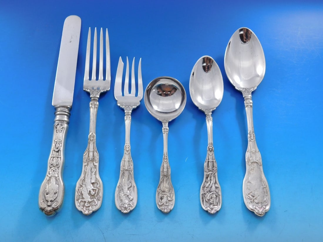 Gorham Mythologique Sterling Silver Flatware Set for 8 - 48 Pieces: Gorham Mythologique Sterling Silver Flatware Set for 8 - 48 Pieces This exquisite Mythologique flatware set by Gorham features 48 pieces crafted from high-quality sterling silver. The set, designed by