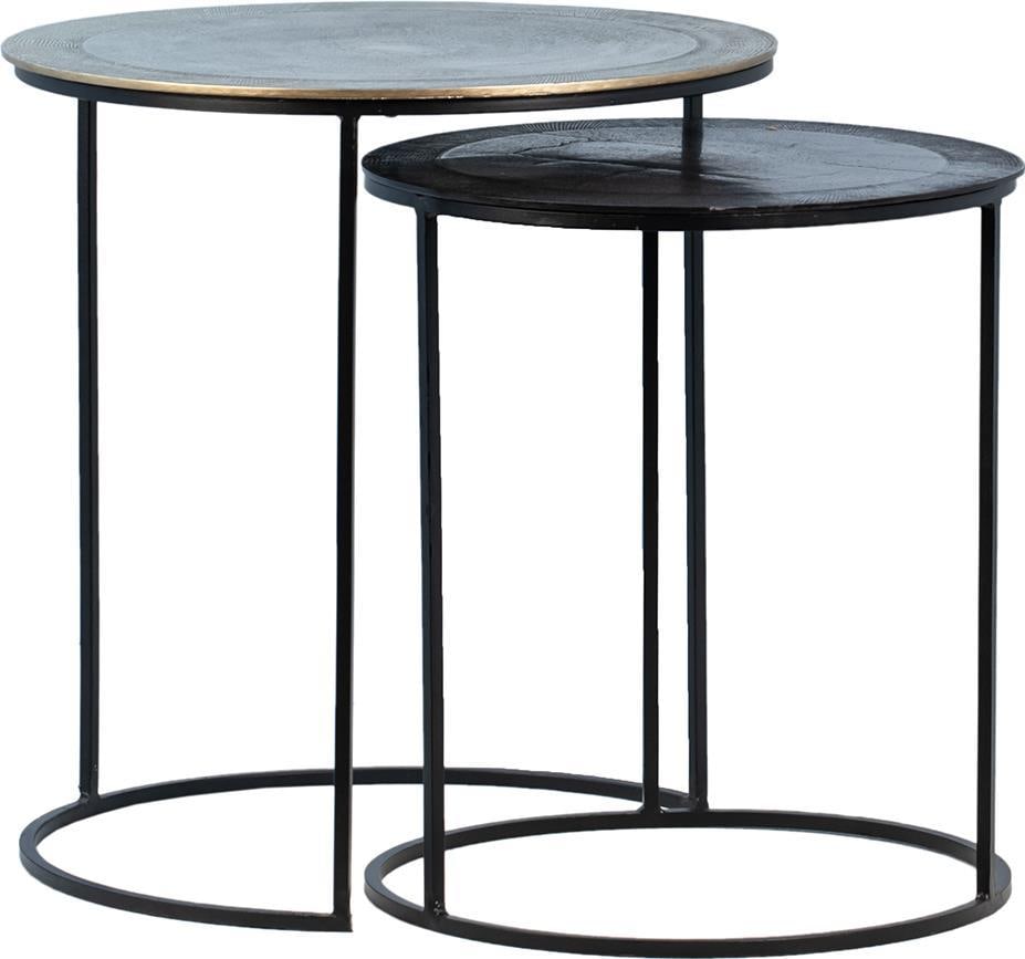 Azure Traditional Black Iron Nesting Tables with Brass Finish: Azure Traditional Black Iron Nesting Tables with Brass Finish Elevate your living space with these Traditional Black Iron Nesting Tables, designed in an antique or vintage style. Crafted with a sturdy