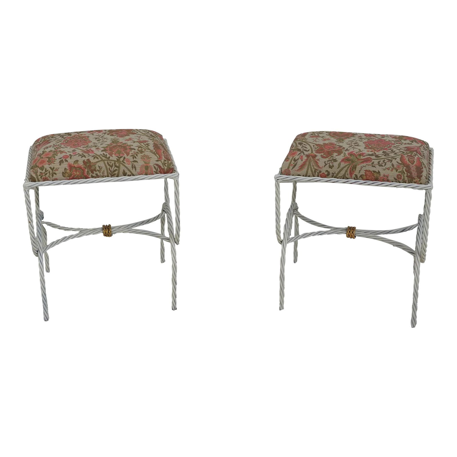 Elegant Pair of Rose Damask Upholstered Iron Benches: Elegant Pair of Rose Damask Upholstered Iron Benches Enhance your decor with this exquisite pair of rose damask upholstered iron benches. Featuring brand new upholstery and a quality construction, the