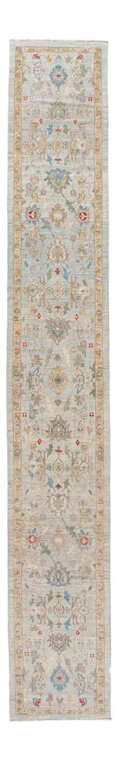 Blue Modern Sultanabad Wool Runner 2'10 x 19'3 Hand-Knotted Floral Design: Blue Modern Sultanabad Wool Runner 2'10 x 19'3 Hand-Knotted Floral Design Elevate your space with this exquisite contemporary Sultanabad runner, expertly hand-knotted from premium wool. The rug featur