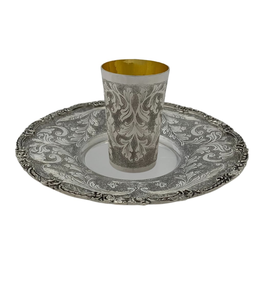 Handmade 925 Sterling Silver Cup and Tray Set with Chased Swirl Design: Handmade 925 Sterling Silver Cup and Tray Set with Chased Swirl Design Elevate your dining experience with this exquisite handmade 925 sterling silver cup and tray set. Crafted in Turkey, this set sho