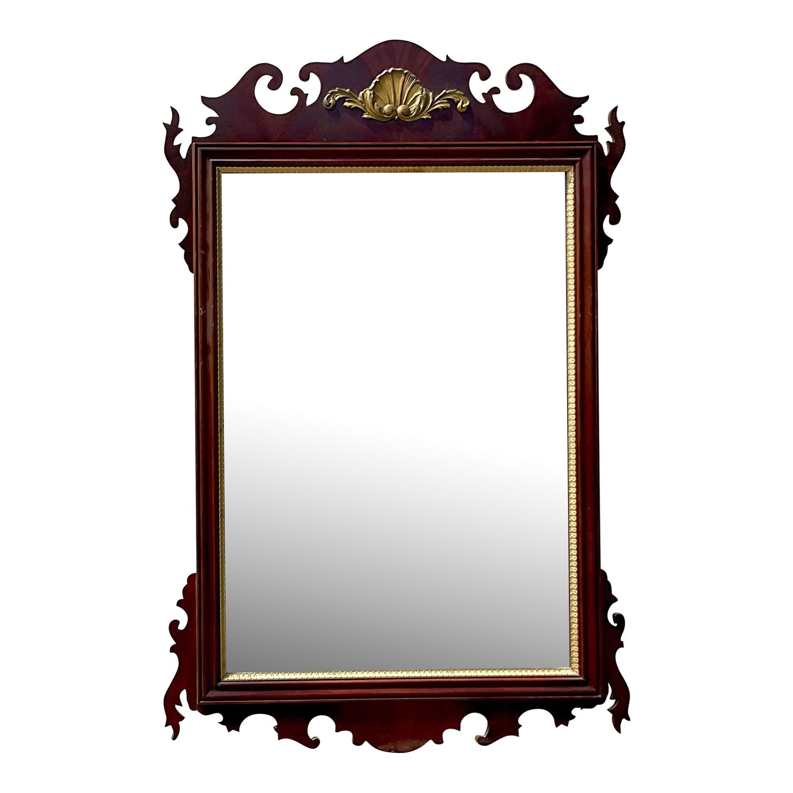 Vintage Regency Chippendale Gilt Clam Shell Mirror 31 x 47 Oxblood Red: Vintage Regency Chippendale Gilt Clam Shell Mirror 31 x 47 Oxblood Red Enhance your home decor with this Vintage Regency Chippendale gilt clam shell mirror. This exquisite piece showcases a harmonious