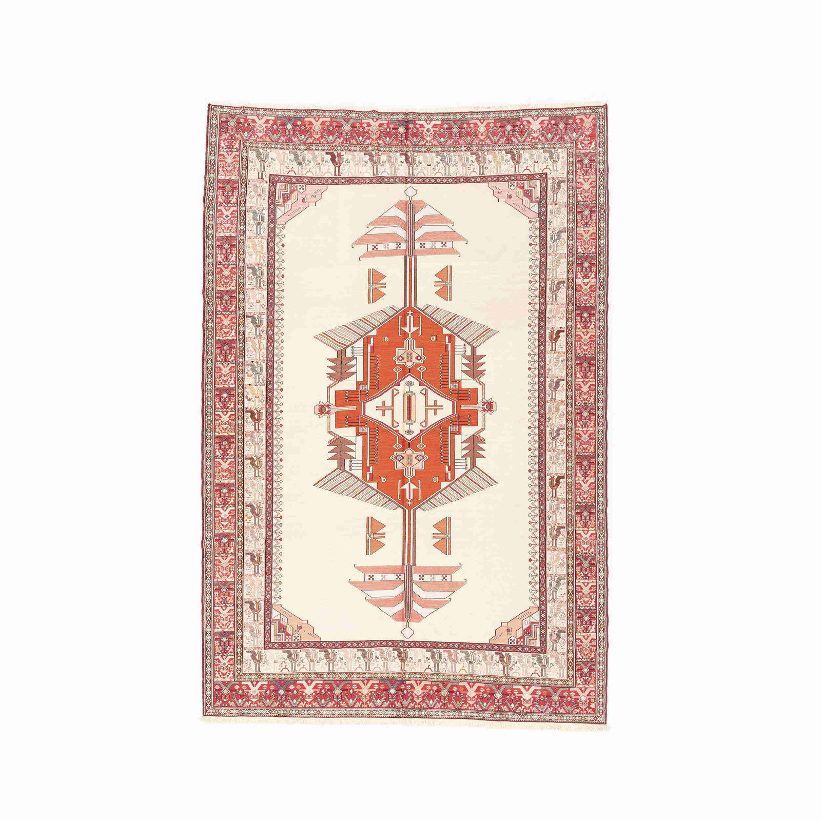 Handmade Sumak Pure Silk Kilim Rug 80.3 x 121.7 Inches: Handmade Sumak Pure Silk Kilim Rug 80.3 x 121.7 Inches This exquisite Authentic Handmade Sumak rug is crafted from pure silk, showcasing the intricate artistry of traditional kilim weaving. With its f