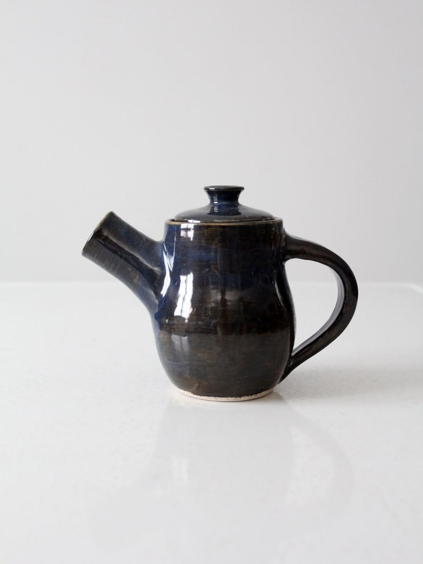 Signed Studio Pottery Tea Pot with Navy Blue Glaze (1 of 13)
