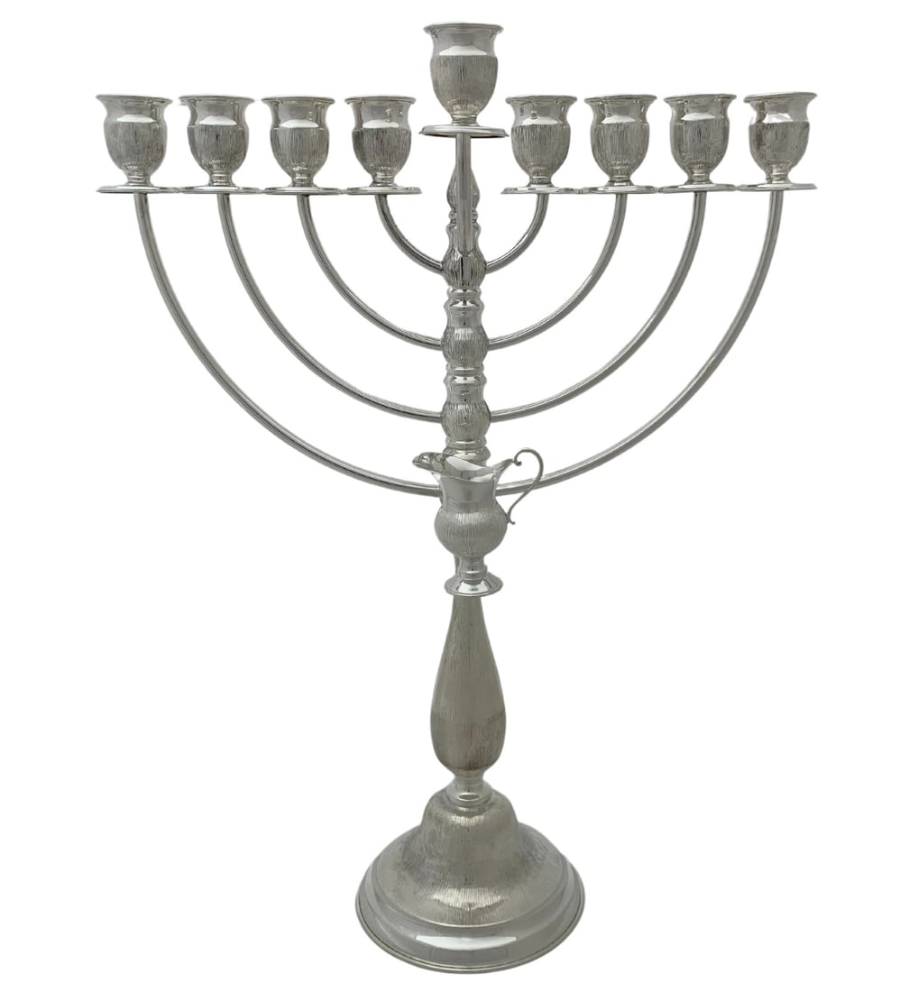 Tall Handmade 925 Sterling Silver Modern Round Menorah 21.25 Inches: Tall Handmade 925 Sterling Silver Modern Round Menorah 21.25 Inches This exquisite tall menorah is crafted from 925 sterling silver, showcasing a modern design with sleek, striated round elements. Wit