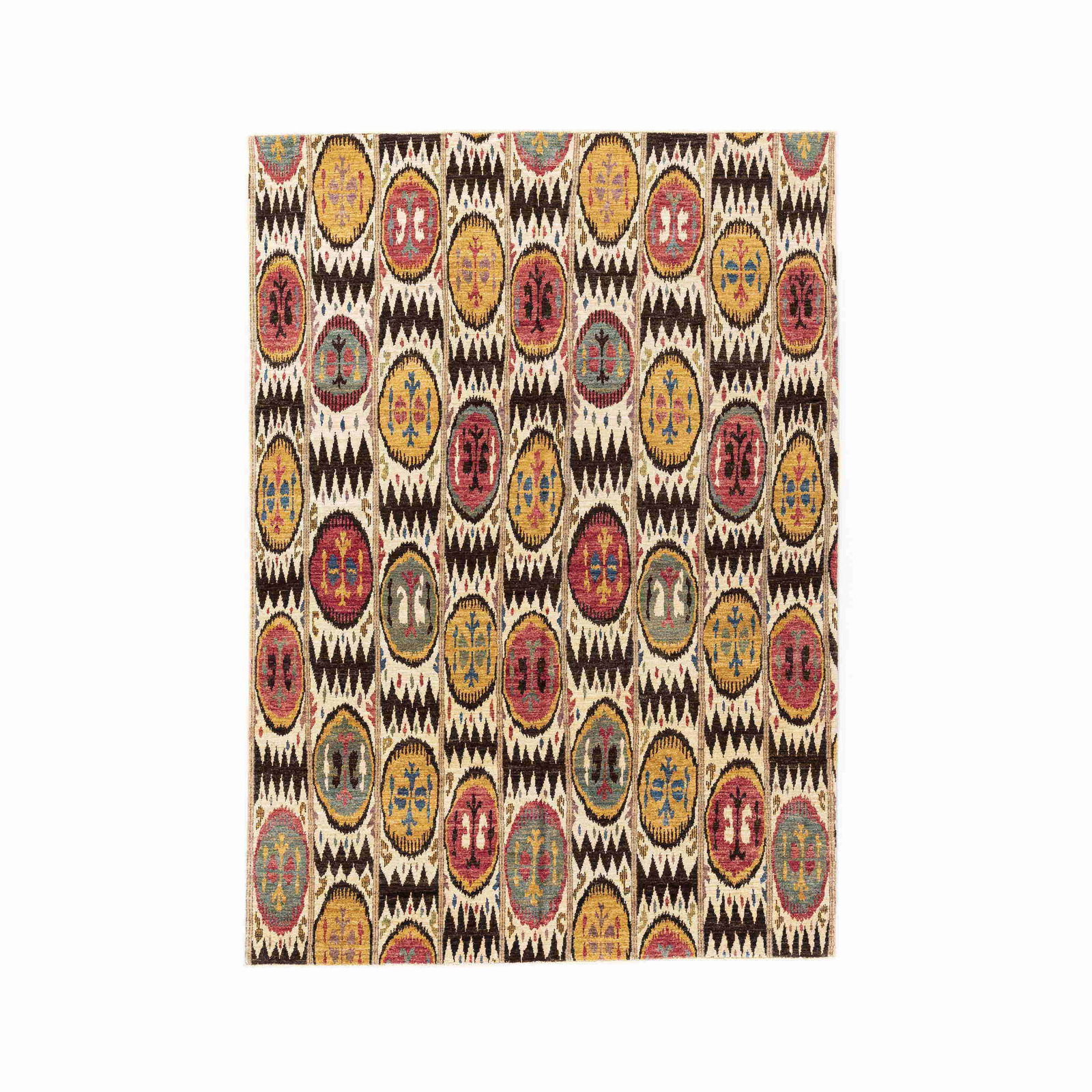 Authentic Handmade Ikat Carpet Wool on Cotton 75.2 x 106.3 Inches: Authentic Handmade Ikat Carpet Wool on Cotton 75.2 x 106.3 Inches This authentic handmade Ikat carpet features a stunning design crafted from wool on cotton. The intricate weaving technique employs do