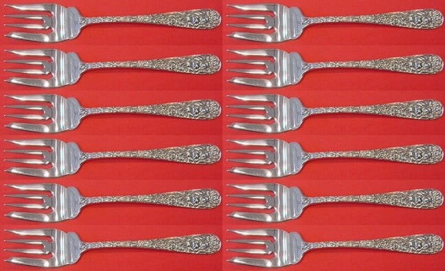Stieff Rose Sterling Silver Salad Fork Set 12 Pieces 6 Inch: Stieff Rose Sterling Silver Salad Fork Set 12 Pieces 6 Inch This exquisite 12-piece set of salad forks showcases the elegant Rose pattern by Stieff, crafted from high-quality sterling silver. Each for