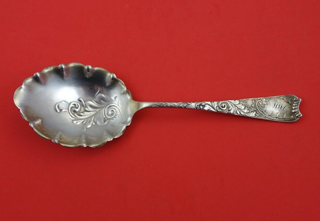 Wood and Hughes Luxembourg Sterling Silver Berry Spoon 8.5" Monogrammed: Wood and Hughes Luxembourg Sterling Silver Berry Spoon 8.5" Monogrammed This exquisite serving spoon, crafted by Wood and Hughes, features the elegant Luxembourg pattern. Made from high-quality sterli
