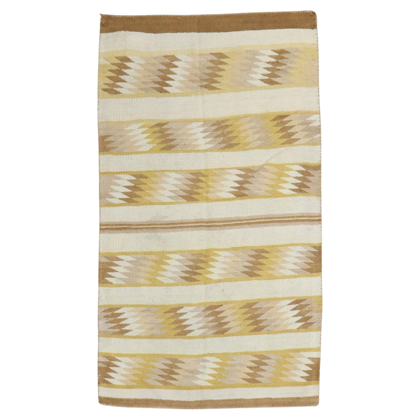 Zabihi Collection Navajo Hand-Woven Wool Rug Ivory Yellow 37 x 57: Zabihi Collection Navajo Hand-Woven Wool Rug Ivory Yellow 37 x 57 This exquisite American Navajo rug from the early 20th century features a striking combination of ivory, yellow, and brown hues, showc
