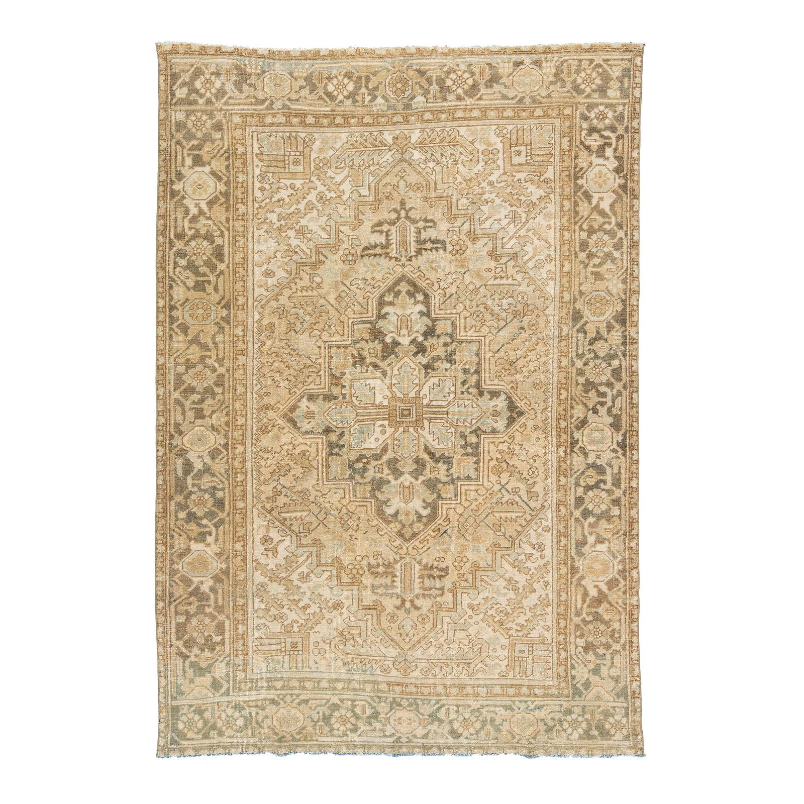 Antique Persian Heriz Wool Rug 6'2" x 9' Beige Medallion Design: Antique Persian Heriz Wool Rug 6'2" x 9' Beige Medallion Design Discover the beauty of this antique Persian Heriz wool rug, showcasing a stunning beige motif beautifully set against a rich, deep beige