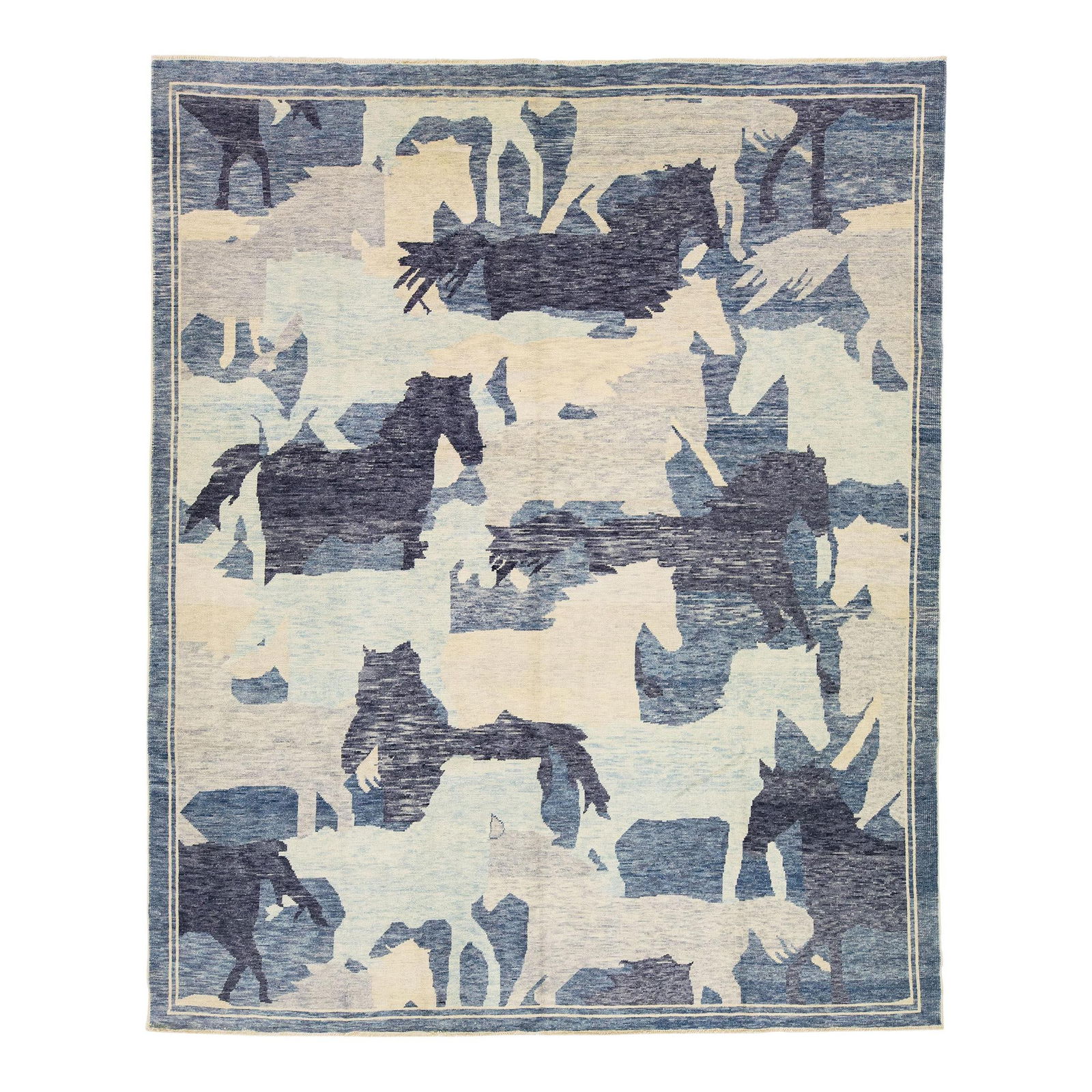 Handmade Blue Turkish Wool Rug with Abstract Horses Design 11' x 13'5: Handmade Blue Turkish Wool Rug with Abstract Horses Design 11' x 13'5 Transform your living space with this exquisite handmade Turkish wool rug. This stunning piece is crafted from high-quality wool,