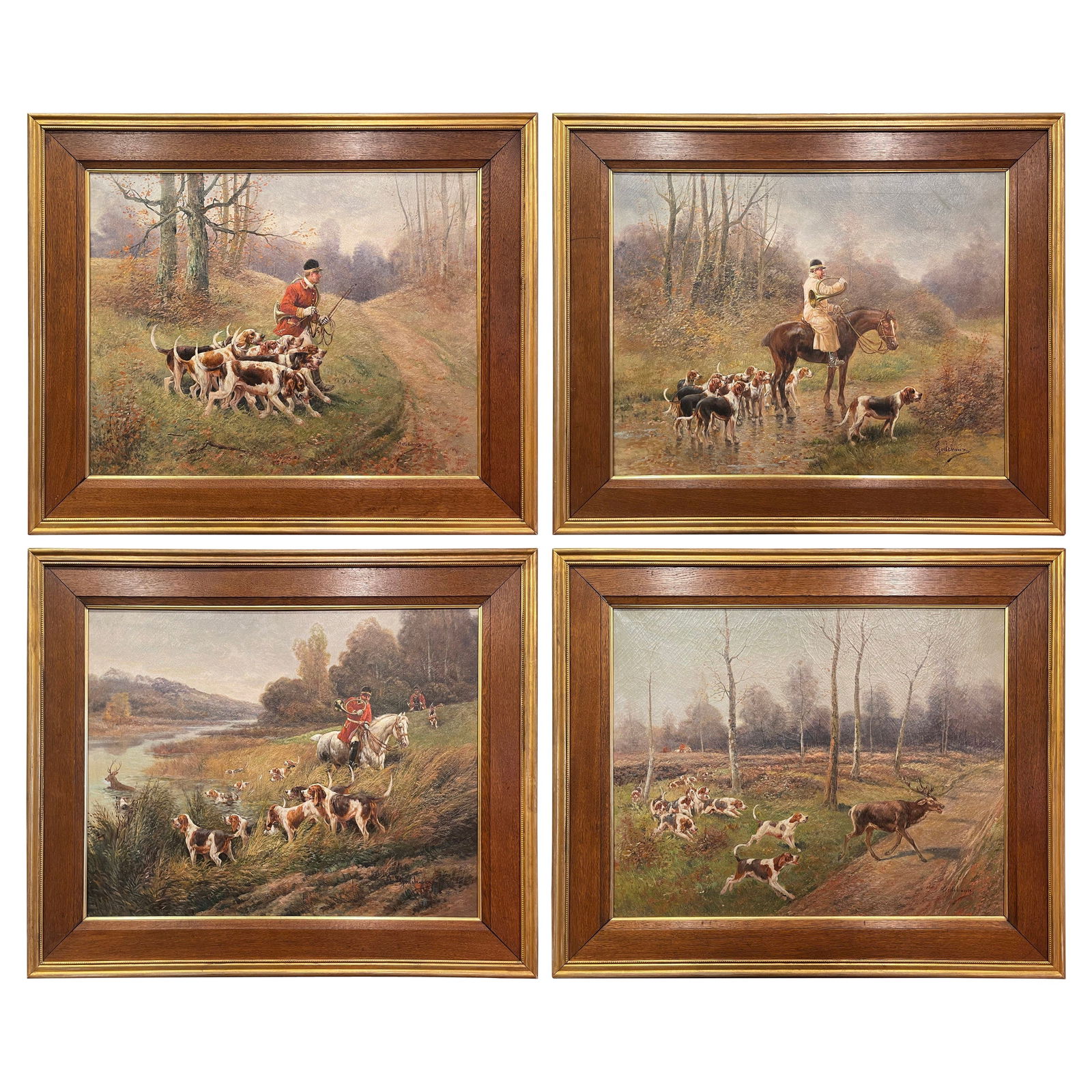 Set of 4 Signed Emile Godchaux 19th Century French Hunting Paintings: Set of 4 Signed Emile Godchaux 19th Century French Hunting Paintings This exceptional set of four late 19th-century French hunting paintings, each hand-painted by renowned artist Emile Godchaux, bring