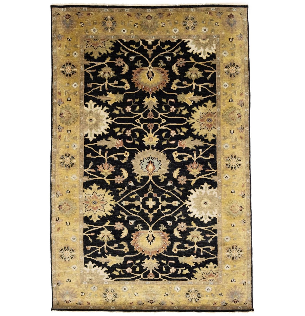 Hand-Knotted 5x8 ft Black Floral Chobi Rug from India: Hand-Knotted 5x8 ft Black Floral Chobi Rug from India Enhance your living space with this exquisite 5x8 ft hand-knotted black Chobi rug. Featuring a beautiful floral pattern, this traditional oriental