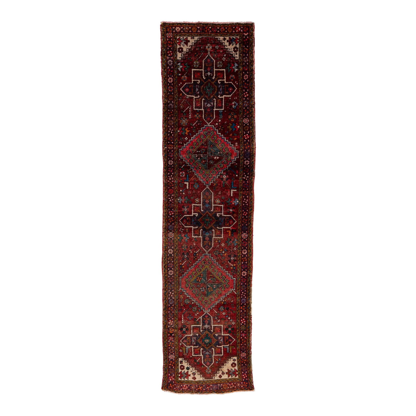 Vintage Persian Heriz Wool Runner Rug Red Multicolor Tribal 3 x 11'7: Vintage Persian Heriz Wool Runner Rug Red Multicolor Tribal 3 x 11'7 Enhance your space with this exquisite vintage Persian Heriz runner, meticulously handmade from high-quality wool. Featuring a stri