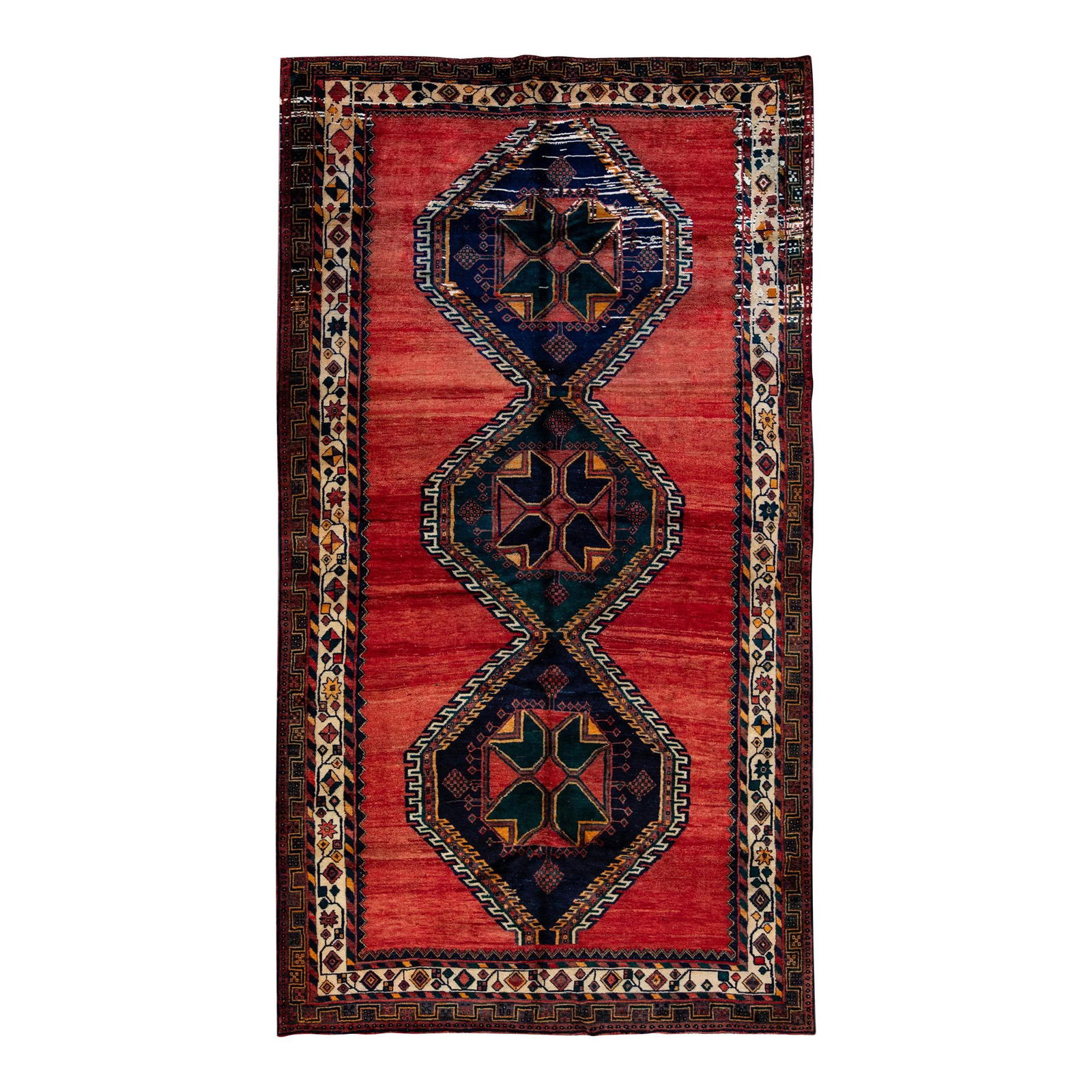 Vintage Handmade Shiraz Red Wool Rug Multi Medallion 5'11 X 10'11: Vintage Handmade Shiraz Red Wool Rug Multi Medallion 5'11 X 10'11 Enhance your space with this beautiful Vintage Shiraz hand-knotted wool rug featuring a striking red field and a captivating multi-med