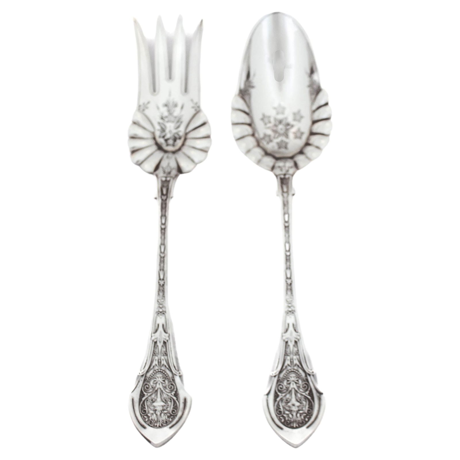 Gorham Sterling Silver Salad Set Angelo 1875 Fork and Spoon: Gorham Sterling Silver Salad Set Angelo 1875 Fork and Spoon This exquisite Sterling Silver Salad Set, known as the "Angelo" pattern, features a salad fork and spoon crafted by Gorham Silversmiths in 1