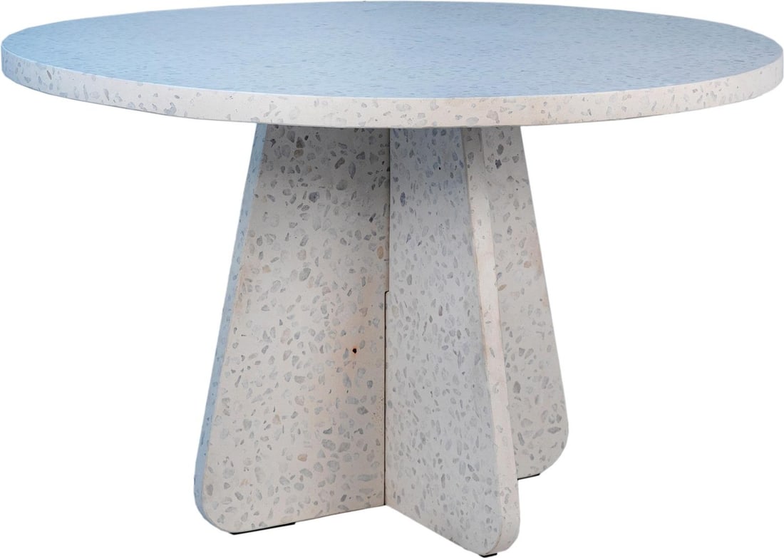 Jenson Outdoor Dining Table Off-White Terrazzo Round Pedestal: Jenson Outdoor Dining Table Off-White Terrazzo Round Pedestal This elegant off-white outdoor pedestal table is a stunning addition to your outdoor dining area. Crafted from durable terrazzo, it featur