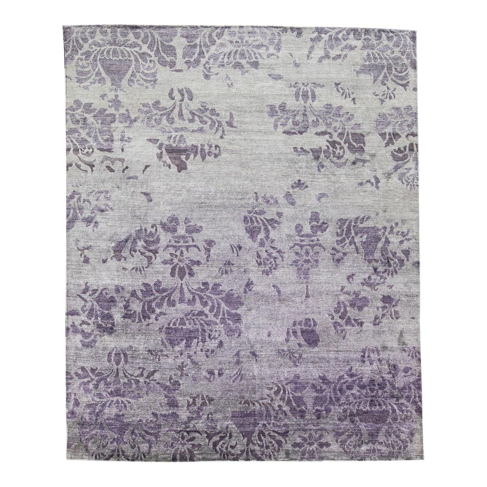 Handmade Gray Silk Wool Rug with Silver Abstract Design 8'1 x 9'10: Handmade Gray Silk Wool Rug with Silver Abstract Design 8'1 x 9'10 Enhance your living space with this exquisite handmade rug, crafted from a luxurious blend of wool and silk. Featuring a striking gra