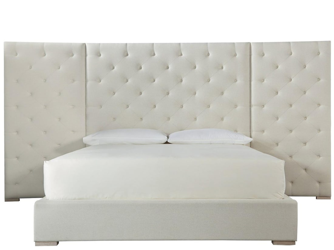 Universal Brando Glamorous King Panel Bed in Quartz Waltz Fabric: Universal Brando Glamorous King Panel Bed in Quartz Waltz Fabric Introducing the Glamorous Brando King Bed, a stunning addition to your bedroom that perfectly balances elegance and comfort. This panel
