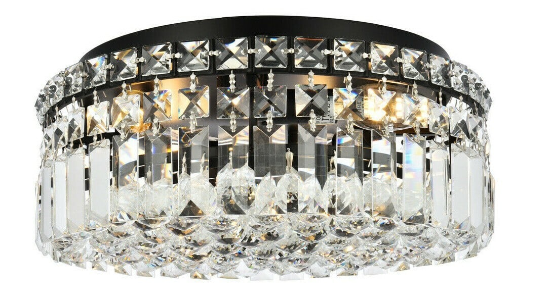 Maxime 14 Inch Crystal Flush Mount Ceiling Light Modern Black 4-Light Fixture: Maxime 14 Inch Crystal Flush Mount Ceiling Light Modern Black 4-Light Fixture This modern flush mount chandelier features a black and clear finish with high-quality Royal Cut crystals. Designed for co