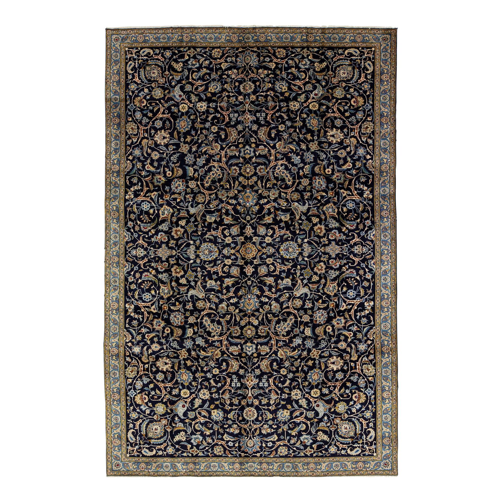 Isfahan Navy Blue Hand-Knotted Wool Rug 7' x 10'9: Isfahan Navy Blue Hand-Knotted Wool Rug 7' x 10'9 Discover the elegance of this beautiful Isfahan hand-knotted rug, expertly crafted from high-quality wool. The stunning navy blue field showcases a ca
