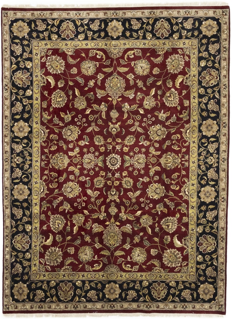 Hand-Knotted Wool Area Rug with Floral Tribal Motif 9'1 x 12'2: Hand-Knotted Wool Area Rug with Floral Tribal Motif 9'1 x 12'2 This hand-knotted wool area rug from India features a floral tribal oriental pattern in muted shades of red, charcoal, golden beige, crea