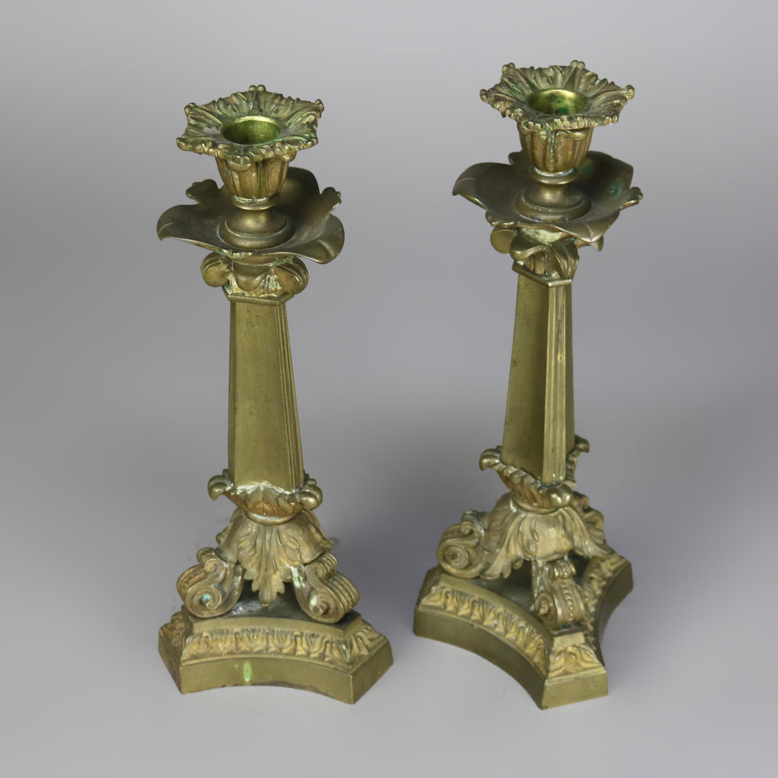 Antique Neoclassical Bronze Candlesticks Set of 2 C1890 - 4