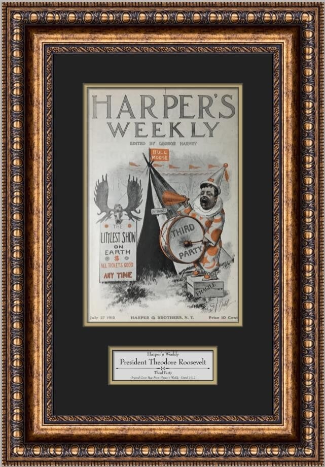 Theodore Roosevelt 1912 Harper's Weekly Custom Framed Cover Page: Theodore Roosevelt 1912 Harper's Weekly Custom Framed Cover Page This is an original cover page of Harper's Weekly featuring President Theodore Roosevelt from the year 1912. The cover highlights Roose